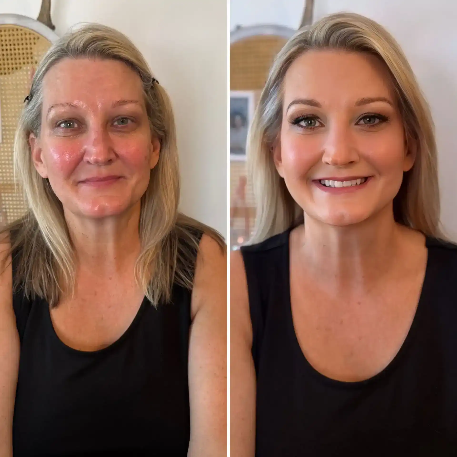Woman before and after makeup transformation, showing clear improvement in appearance.