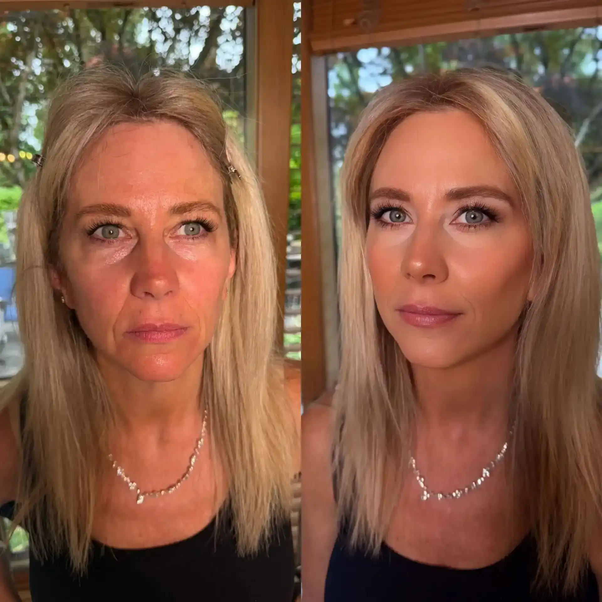 Before and after makeup transformation of a woman with blonde hair.
