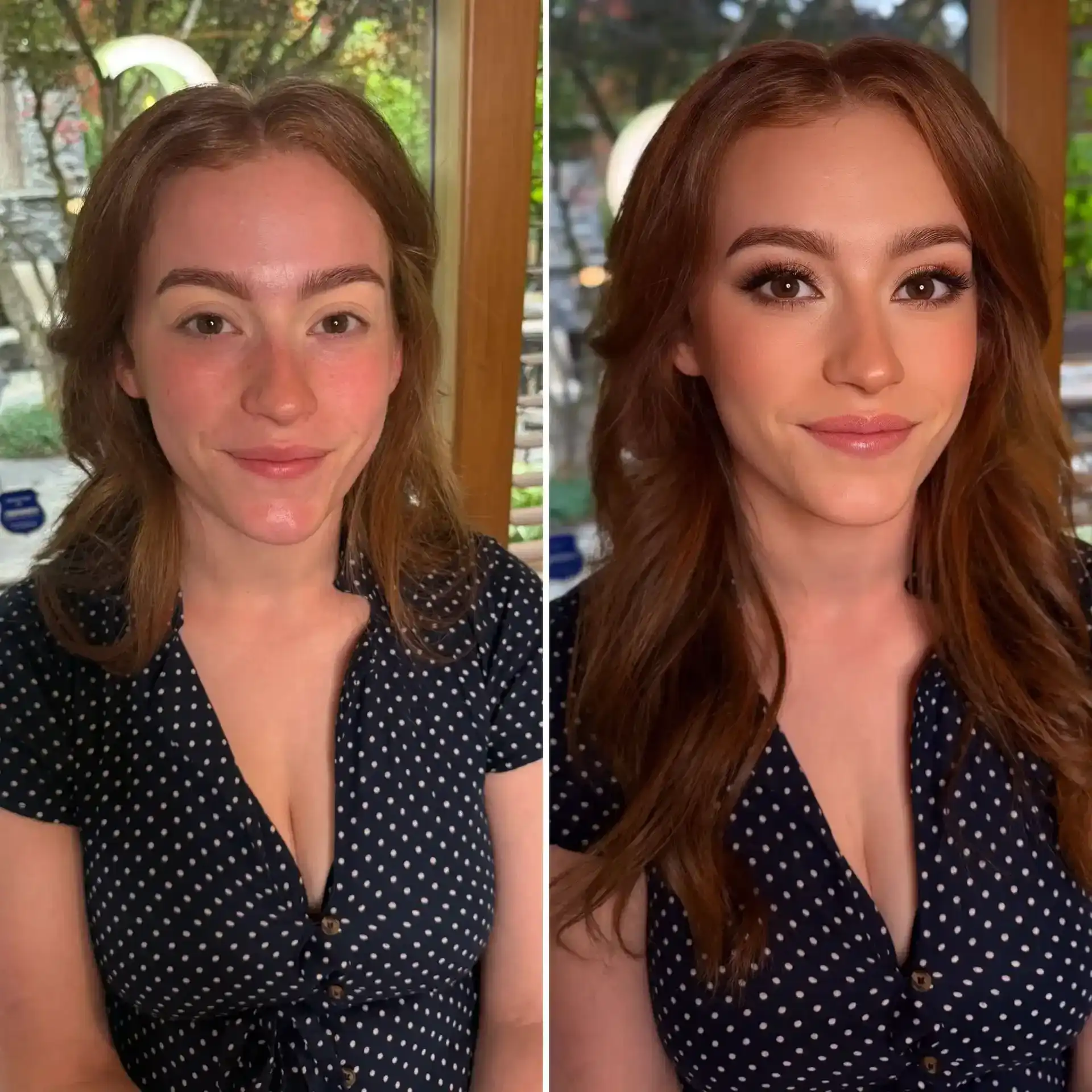 Before and after makeup transformation of a woman with long hair in a polka dot blouse.