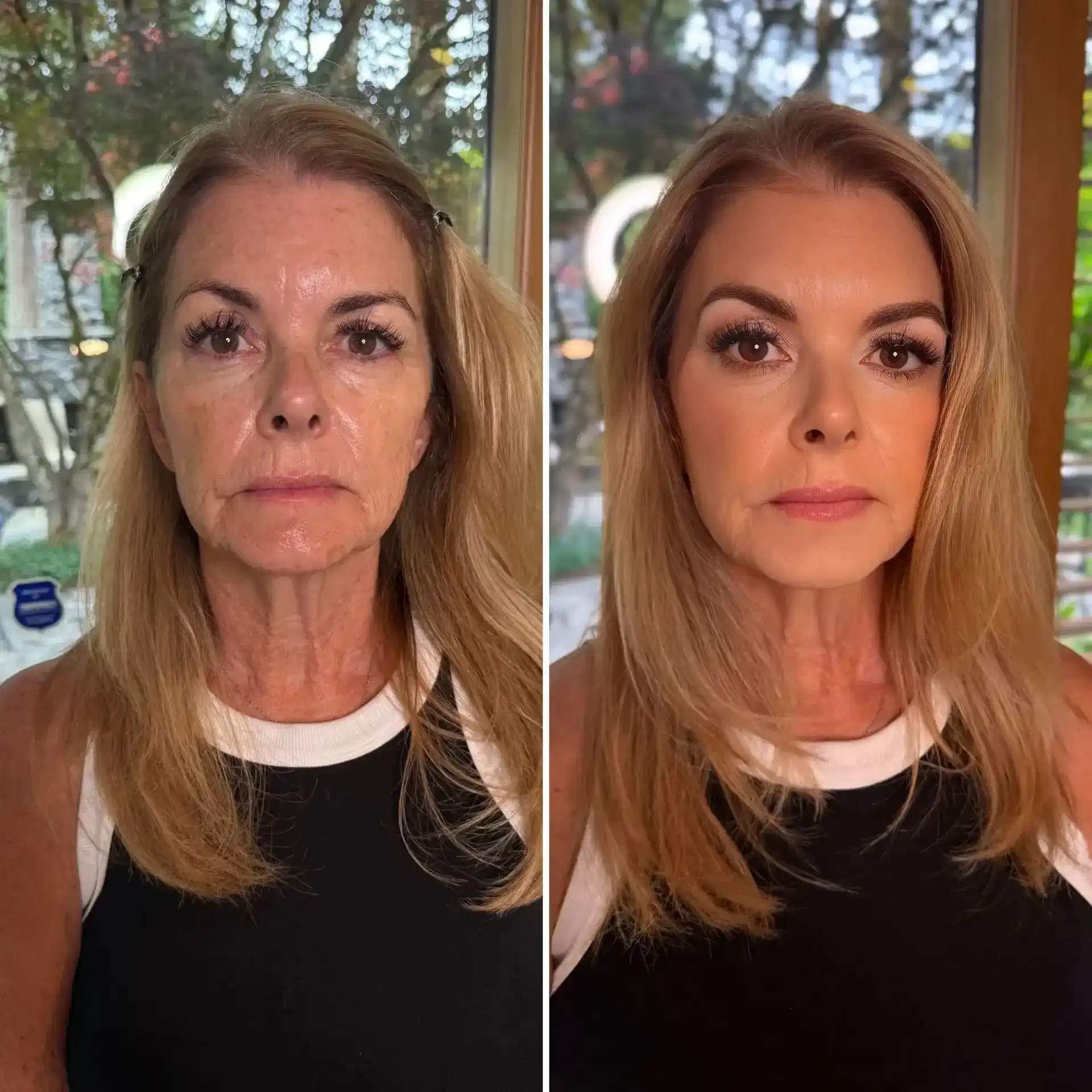 Before and after photos showing a woman's facial transformation with makeup.