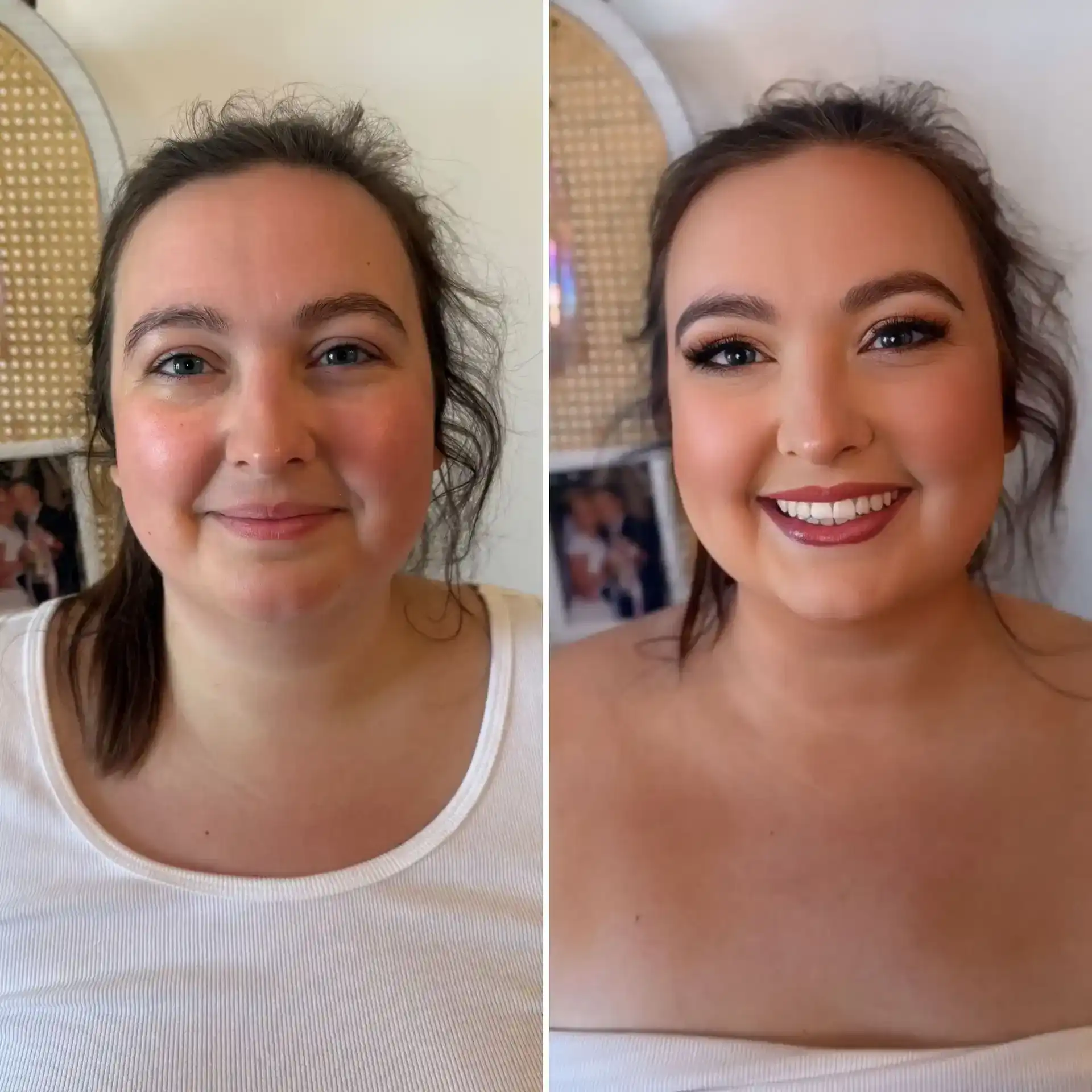 Side-by-side makeup transformation of a smiling woman.